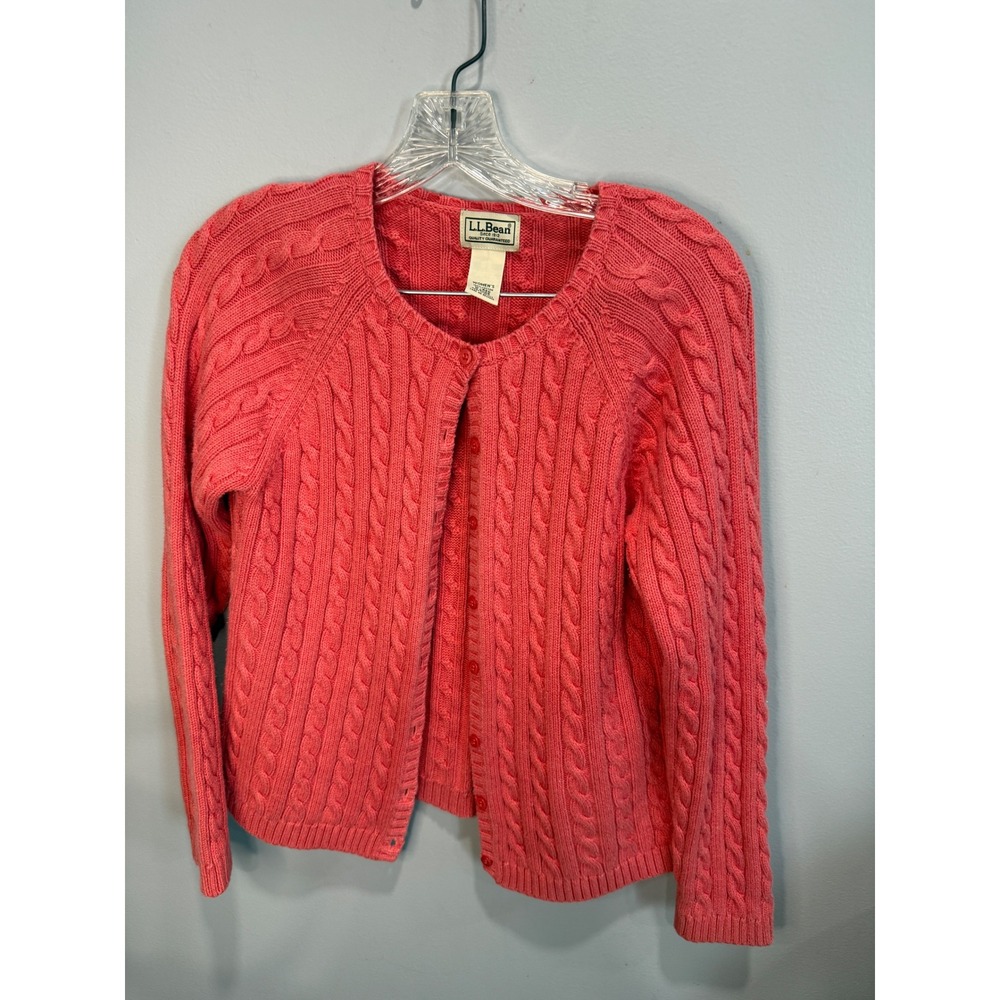 LL Bean Womens coral Cable Knit Cardigan Sweater Medium Cotton Button Front‎